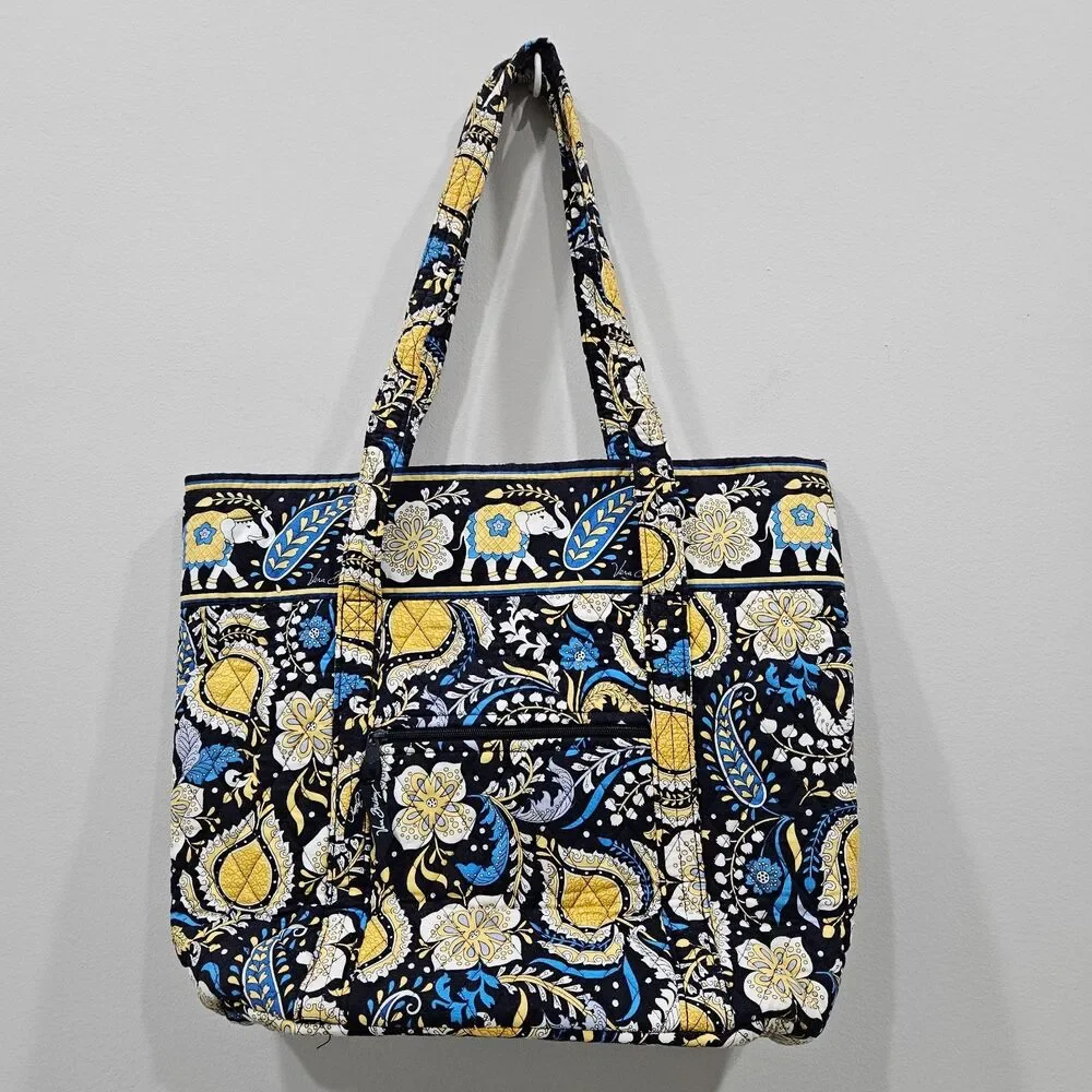 Vera Bradley Quilted Tote Bag Ellie Blue Elephant Floral Pattern Shoulder Purse